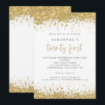 Glam Gold Glitter 21e verjaardagsfeestje Kaart<br><div class="desc">Glam Gold Glitter 21e verjaardagsfeestje. Digitaal verkrijgbaar en gedrukt. Elegante gouden faux glitter confetti randen zijn aan de boven- en onderkant en ook aan de achterkant. Twenty First speelt zich af in een modern handschrift. Personaliseer eenvoudig de rest van de tekst naar uw eigen hand.</div>
