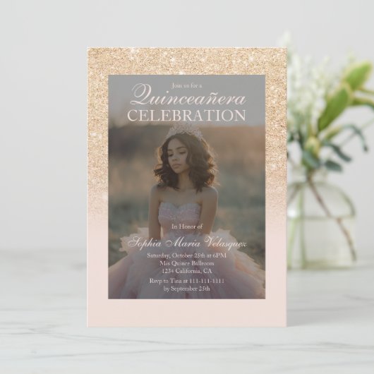 Glam Gold Glitter 2 foto's Qr blush Quinceañera Kaart (Staand voorkant)