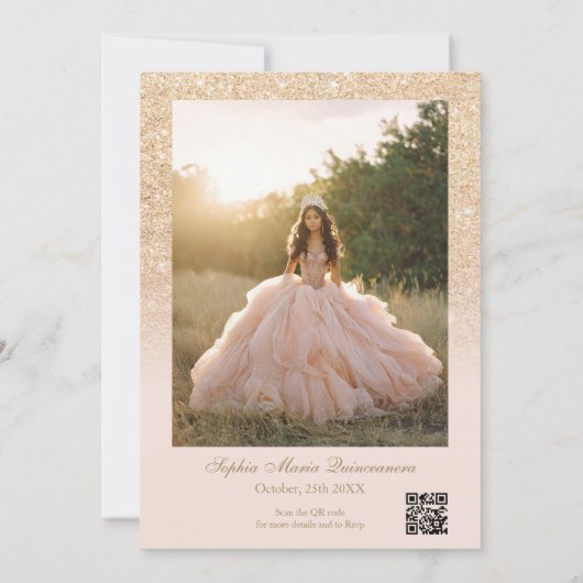 Glam Gold Glitter 2 foto's Qr blush Quinceañera Kaart (Achterkant)