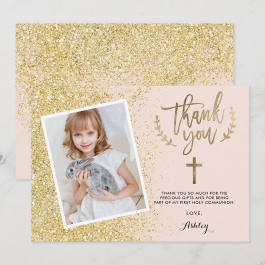 Glam Gold glitter bedankt voor je eerste communiqu (Voorkant / Achterkant)