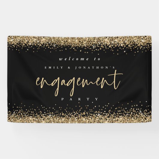 Glam Gold Glitter Black Welkom Engagement Party Spandoek (Horizontaal)
