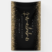 Glam Gold Glitter Black Welkom Engagement Party Spandoek (Verticaal)
