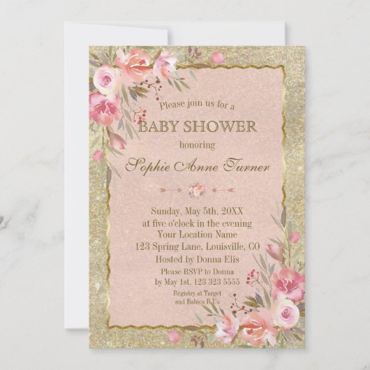 Glam Gold Glitter Blush Floral Baby shower Kaart (Voorkant)