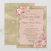 Glam Gold Glitter Blush Floral Baby shower Kaart (Voorkant / Achterkant)