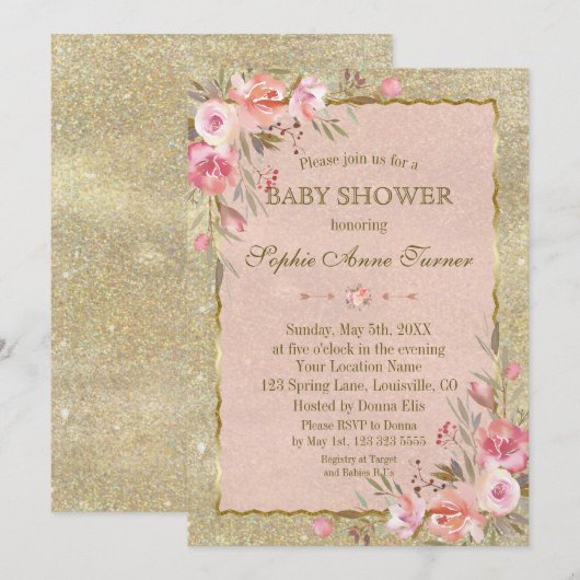 Glam Gold Glitter Blush Floral Baby shower Kaart (Voorkant / Achterkant)