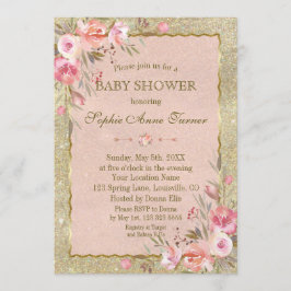 Glam Gold Glitter Blush Floral Baby shower Kaart