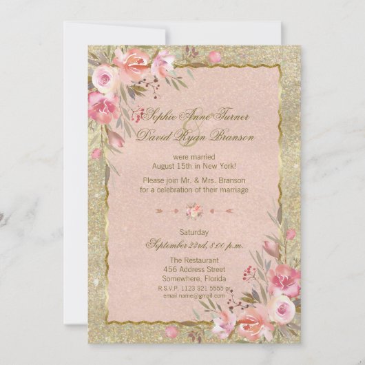 Glam Gold Glitter Blush Floral Evening Reception Kaart (Voorkant)