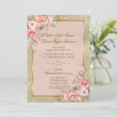 Glam Gold Glitter Blush Floral Evening Reception Kaart (Staand voorkant)