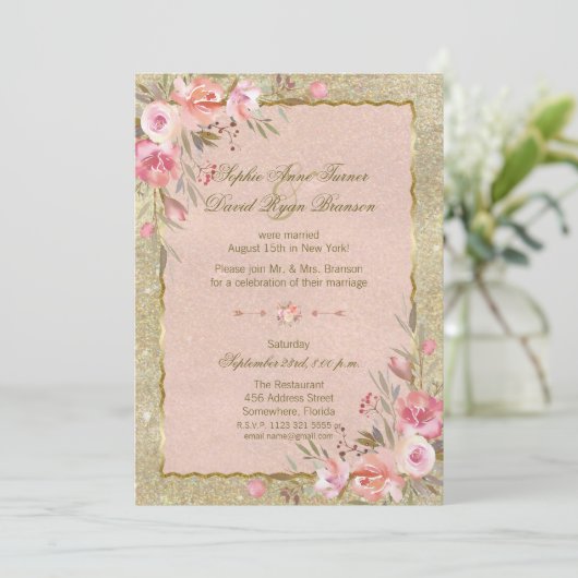 Glam Gold Glitter Blush Floral Evening Reception Kaart (Staand voorkant)