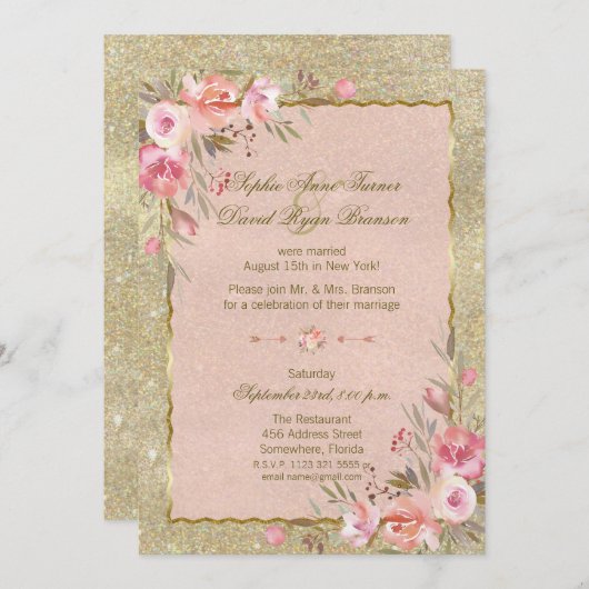 Glam Gold Glitter Blush Floral Evening Reception Kaart (Voorkant / Achterkant)
