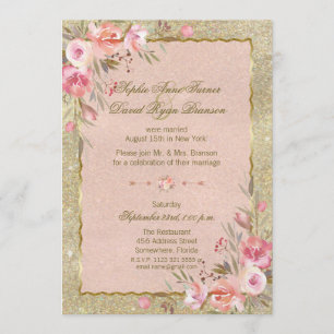 Glam Gold Glitter Blush Floral Evening Reception Kaart
