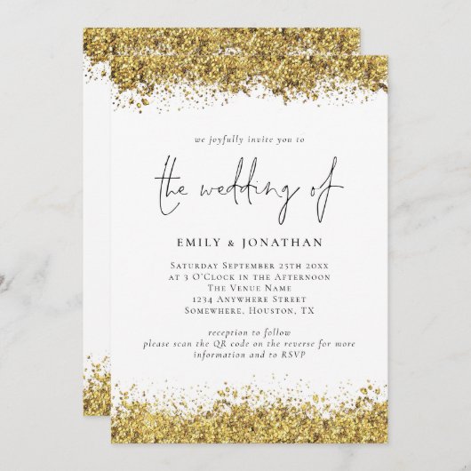 Glam Gold Glitter Borders Script QR Code Bruiloft Kaart (Voorkant / Achterkant)