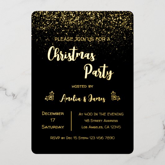 Glam Gold Glitter Christmas Black Party Folie Uitnodiging (Voorkant)