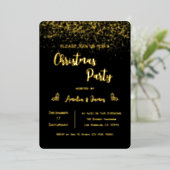 Glam Gold Glitter Christmas Black Party Folie Uitnodiging (Staand Voorkant)