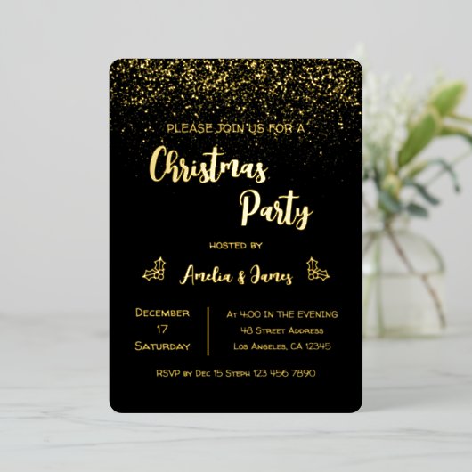 Glam Gold Glitter Christmas Black Party Folie Uitnodiging (Staand Voorkant)