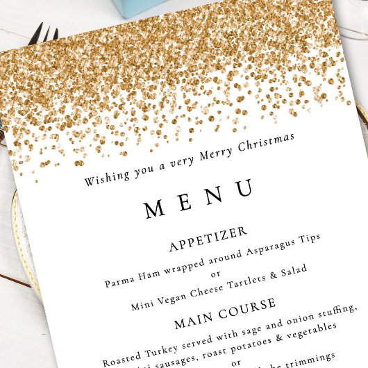 Glam Gold Glitter Christmas Party Menu kaart