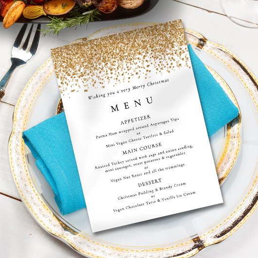 Glam Gold Glitter Christmas Party Menu kaart