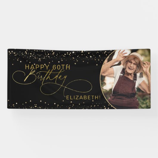 Glam Gold Glitter Confetti Foto Volwassen Verjaard Spandoek (Horizontaal)