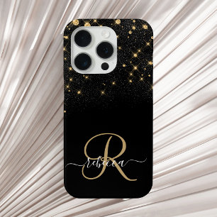 Glam Gold Glitter Diamond Sparkle Elegant Monogram iPhone 15 Pro Case