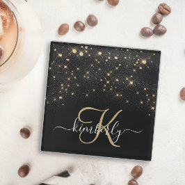 Glam Gold Glitter Diamond Sparkle Elegant Monogram Glazen Onderzetter