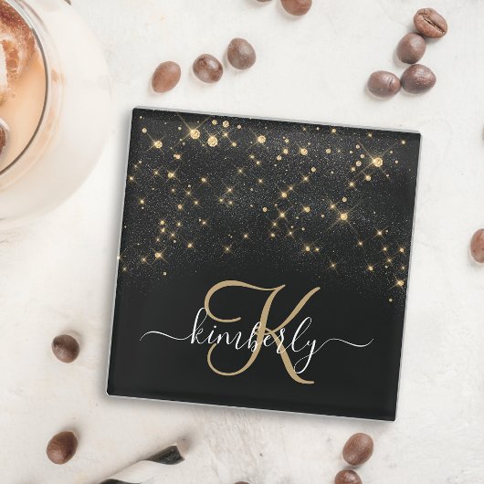 Glam Gold Glitter Diamond Sparkle Elegant Monogram Glazen Onderzetter