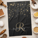 Glam Gold Glitter Diamond Sparkle Elegant Monogram Theedoek<br><div class="desc">Creëer uw eigen gepersonaliseerde keukenhanddoek met zwarte en gouden diamanten met uw eigen monogram en naam.</div>