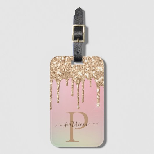 Glam Gold Glitter Drift Elegant Monogram Bagagelabel (Voorkant (verticaal))