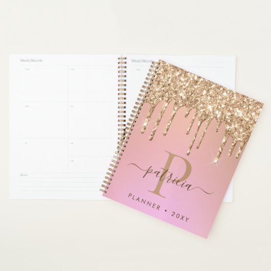 Glam Gold Glitter Drift Elegant Monogram Planner (Display)