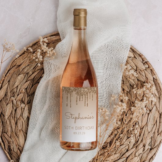 Glam Gold Glitter Drip 50e verjaardag Wijn Etiket