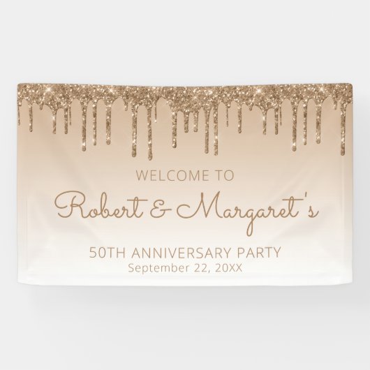 Glam Gold Glitter Drip 50ste Jubileum Partij Spandoek (Horizontaal)