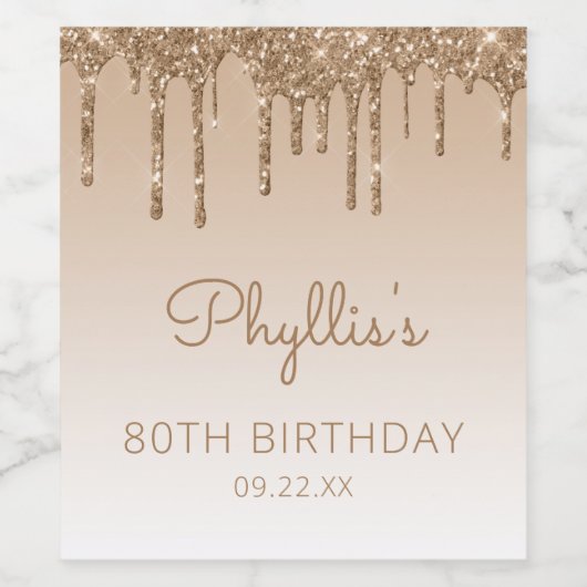Glam Gold Glitter Drip 80e verjaardag Wijn Etiket (Enkel label)