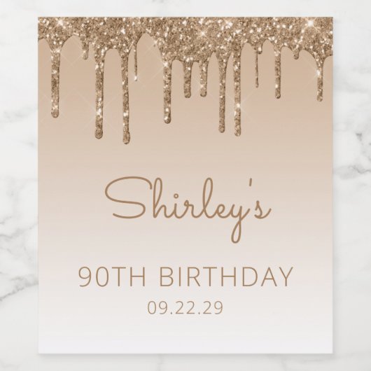 Glam Gold Glitter Drip 90e verjaardag Wijn Etiket (Enkel label)