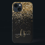 Glam Gold Glitter Elegant Monogram iPhone 13 Hoesje<br><div class="desc">Glam Gold Glitter Elegant Monogram iPhone Case. Pas dit trendy chic phone case-ontwerp met elegante gouden mousserende glitter op een zwarte achtergrond eenvoudig aan. Het ontwerp kenmerkt uw handgeschreven manuscriptmonogram met  draden en naam.</div>