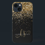 Glam Gold Glitter Elegant Monogram iPhone 13 Hoesje<br><div class="desc">Glam Gold Glitter Elegant Monogram iPhone Case. Pas dit trendy chic phone case-ontwerp met elegante gouden mousserende glitter op een zwarte achtergrond eenvoudig aan. Het ontwerp kenmerkt uw handgeschreven manuscriptmonogram met  draden en naam.</div>