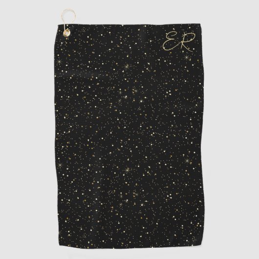 Glam gold glitter en sparkles op zwart afbeelding golfhanddoek (Voorkant)