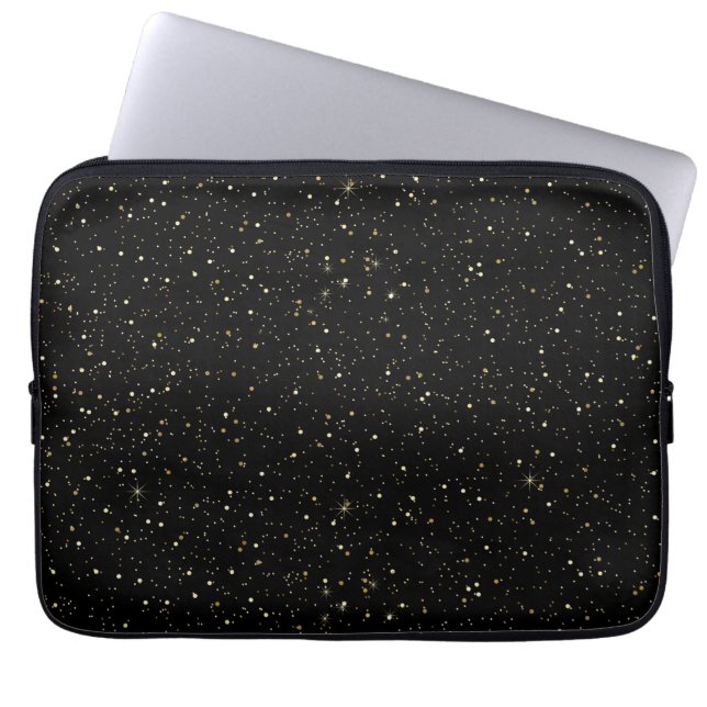 Glam gold glitter en sparkles op zwart afbeelding laptop sleeve (Voorkant)