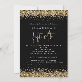 Glam Gold Glitter Fiftieth Party Black Kaart