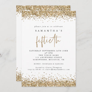 Glam Gold Glitter Fiftieth Party White Kaart