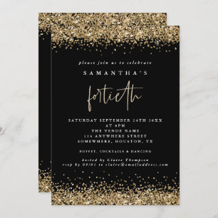Glam Gold Glitter Fortieth Party Black Kaart