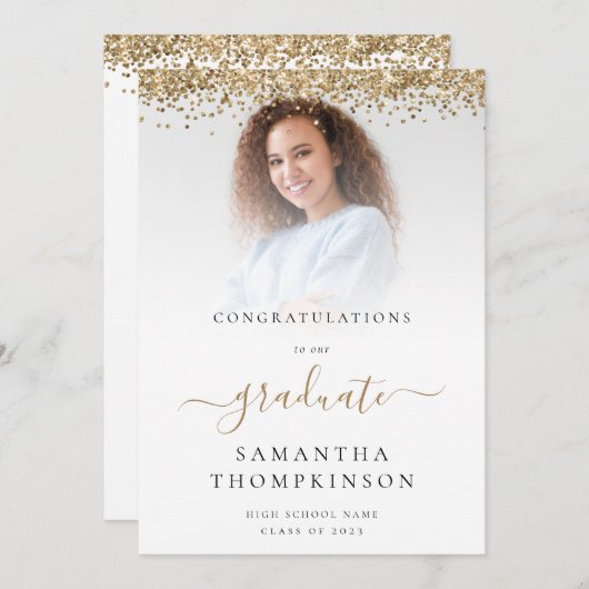 Glam Gold Glitter Foto 2024 Afstuderen Aankondiging (Voorkant / Achterkant)