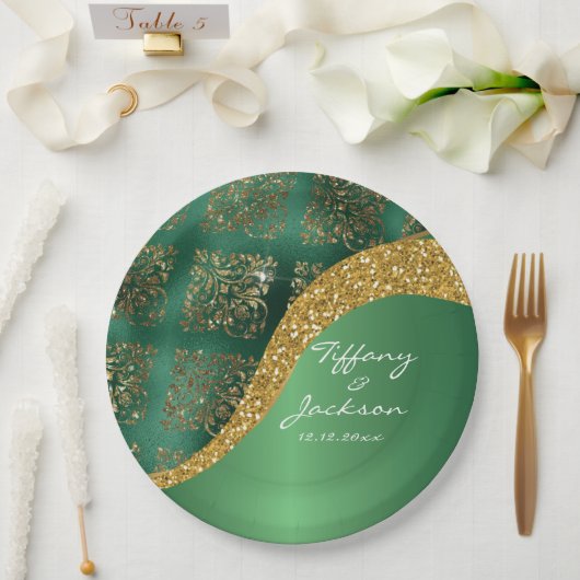 Glam Gold Glitter Green Metallic Wedding Papieren Bordje (Huwelijk)