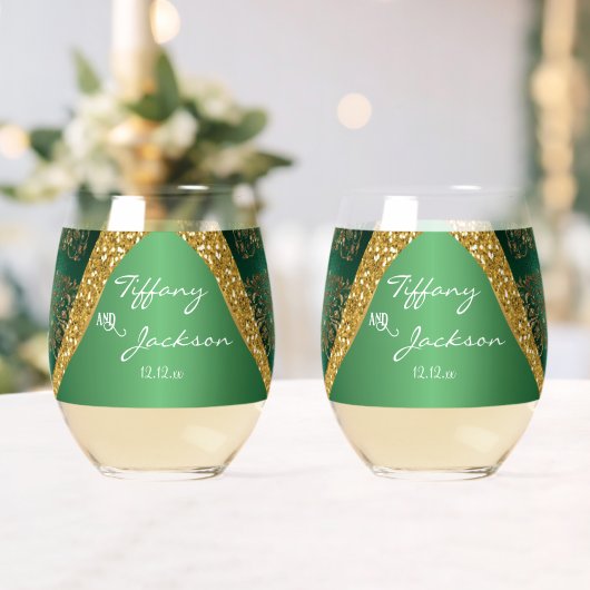 Glam Gold Glitter Green Metallic Wedding Wijnglas Zonder Voet (Insitu (Huwelijk))