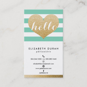 Glam Gold Glitter Hallo Heart Mint Stripes - Aange Visitekaartje