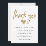 Glam Gold Glitter Heart Baby shower Bedankkaart<br><div class="desc">Glam baby shower bedankje met een kant-en-klare boodschap op zijn plaats. De tekst aan de bovenkant zegt "dank je" in modern script lettertype met een faux gouden glitter hart onder. U kunt dit product aanpassen door de tekst naar wens te wijzigen en onderaan jouw namen toe te voegen. Dit ontwerp...</div>