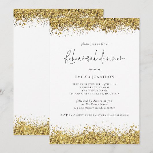 Glam Gold Glitter Huwelijksrepetitie Diner Kaart (Voorkant / Achterkant)