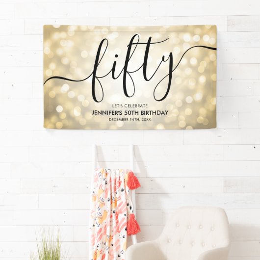 Glam Gold Glitter Lights 50ste verjaardag Spandoek (Insitu)