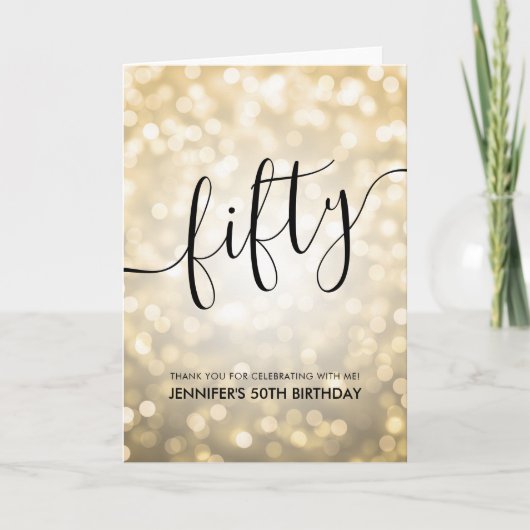 Glam Gold Glitter Lights 50th Verjaardag Dank u Bedankkaart (Voorkant)