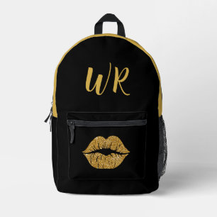 Glam Gold Glitter Lips op Zwarte Initialen Bedrukte Rugzak
