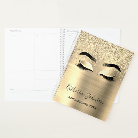 Glam Gold Glitter Metal Beauty Salon Lashes 2024 Planner (Display)