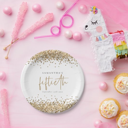 Glam Gold Glitter Naam Datum 50ste verjaardag Papieren Bordje (Feest)